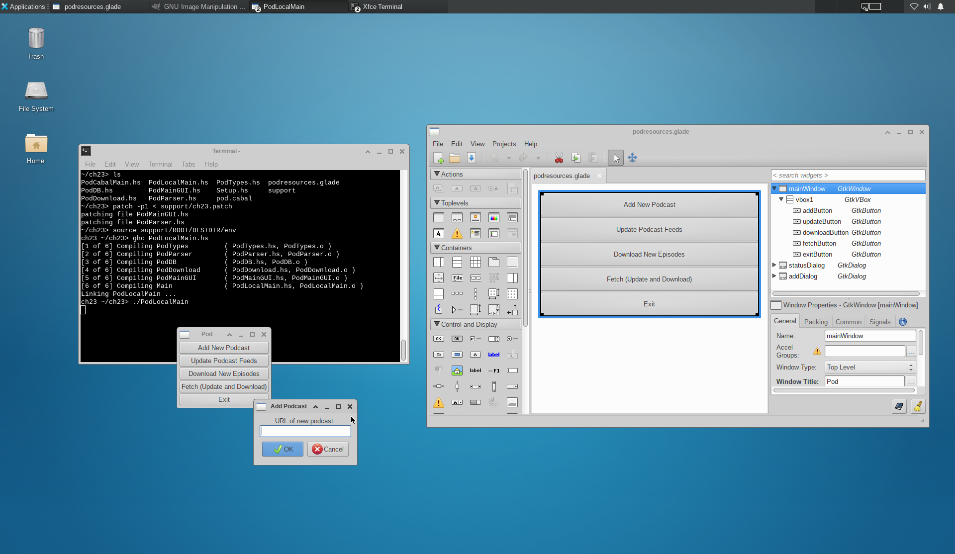 Running PodLocalMain and GTK 2 Glade designer